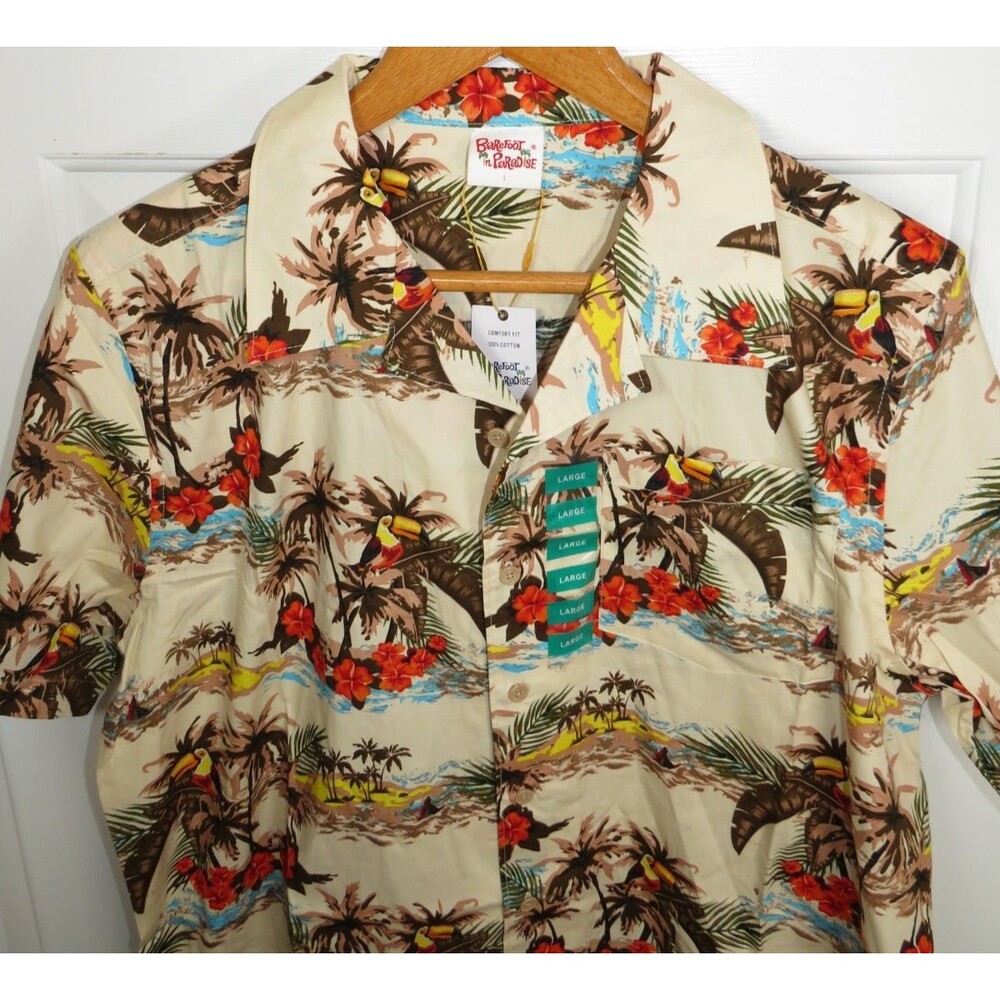 *NWT* BareFoot In Paradise Hawaiian Shirt Palm Toucan AOP Men's LG